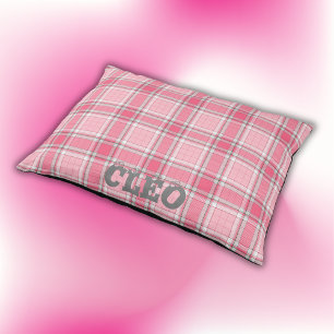 Pink and White Plaid Name Monogram Pet Bed