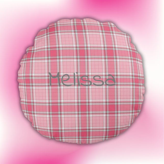 Pink and White Plaid Name Monogram | Round Pillow (Creator Uploaded)