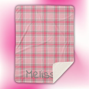 Pink and White Plaid Name Monogram Sherpa Blanket