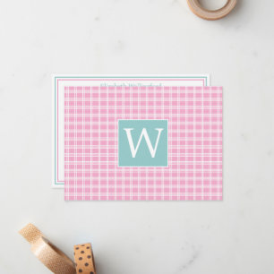 Pink and White Plaid With Teal Turquoise Monogram Note Card