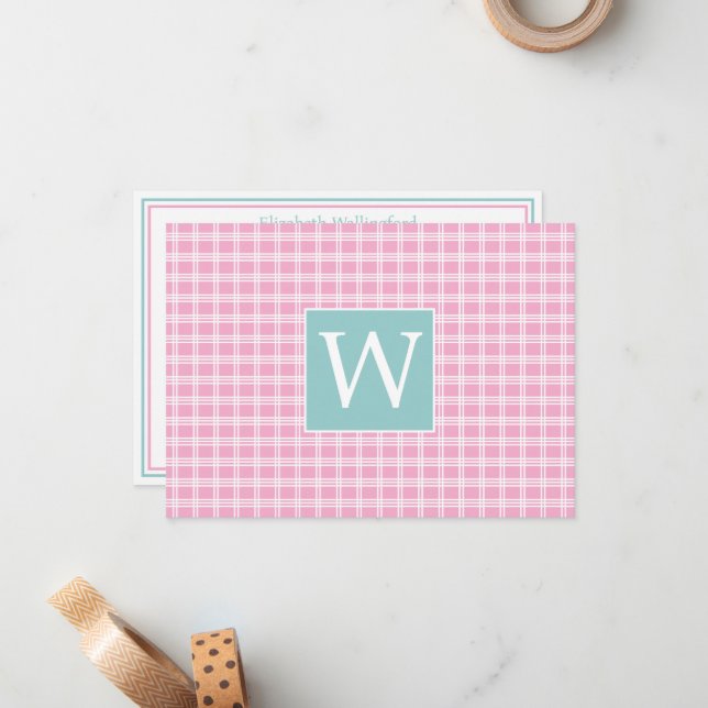 Pink and White Plaid With Teal Turquoise Monogram Note Card (Front/Back In Situ)