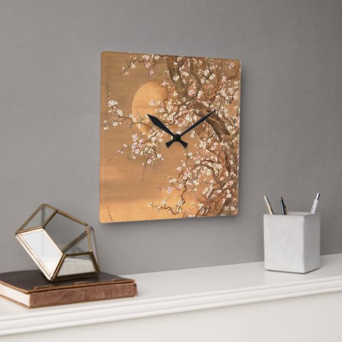 Pink and White Plum Blossoms in Moonlight Shizan  Square Wall Clock