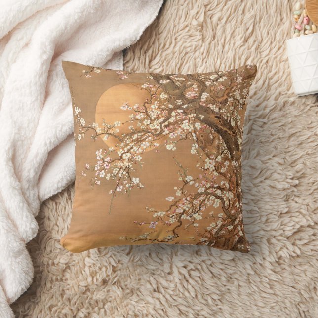 Pink and White Plum Blossoms in Moonlight, Shizan  Throw Pillow (Blanket)