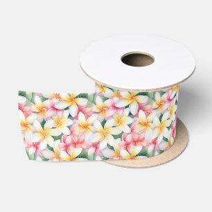 Pink and White Plumeria Flower Satin Ribbon