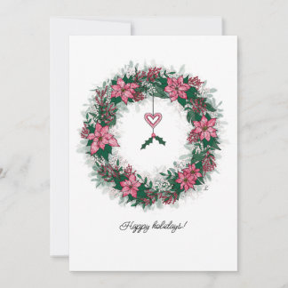 Pink and White Poinsettia Holiday Wreath Card