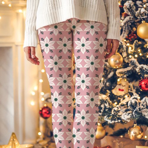 Pink And White Poinsettia Pattern Christmas Leggings