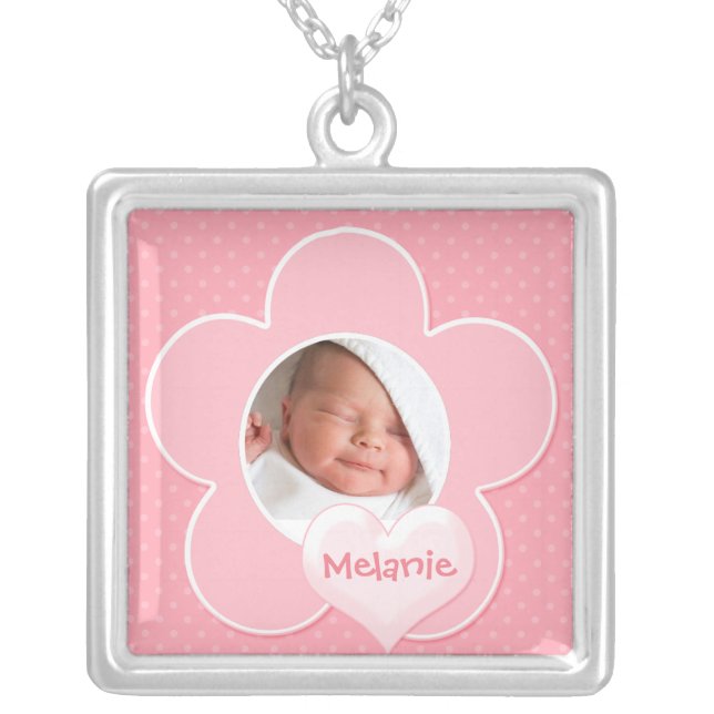 Pink and white Polka Dot Baby Photo Necklace (Front)