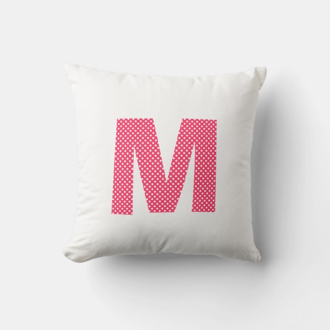 Pink and White Polka Dot Letter M Throw Pillow (Front)