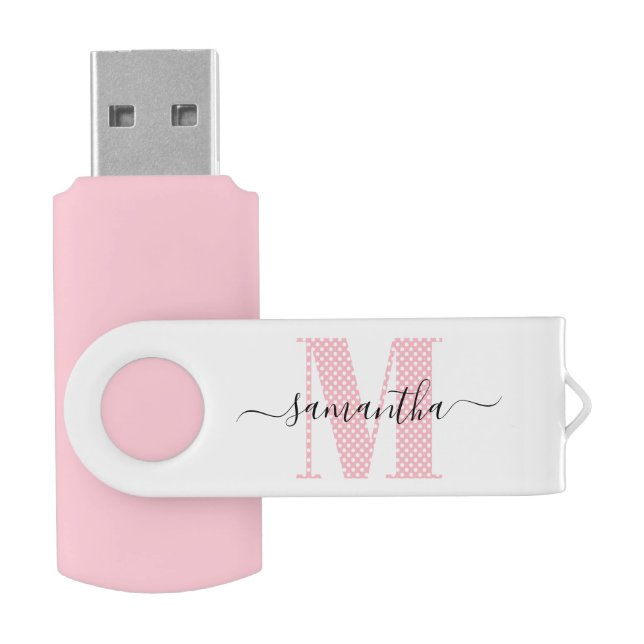 Pink and White Polka Dot Monogram Flash Drive (Opened)