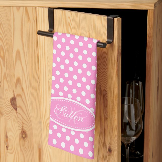 Pink and white polka dot name initial  kitchen towel (Thirds Fold)