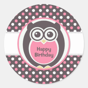 Pink and White Polka Dot Owl Birthday Sticker