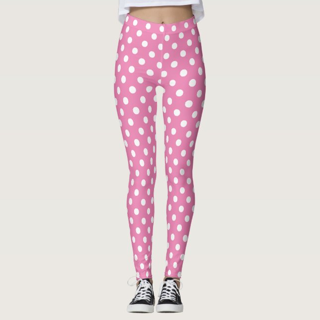 Pink and White Polka Dot Pattern Leggings (Front)