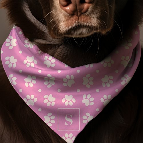 Pink And White Polka Dot Paw Print Monogram Dog Bandana