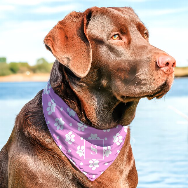 Pink And White Polka Dot Paw Print Monogram Pet Bandana Collar (Creator Uploaded)