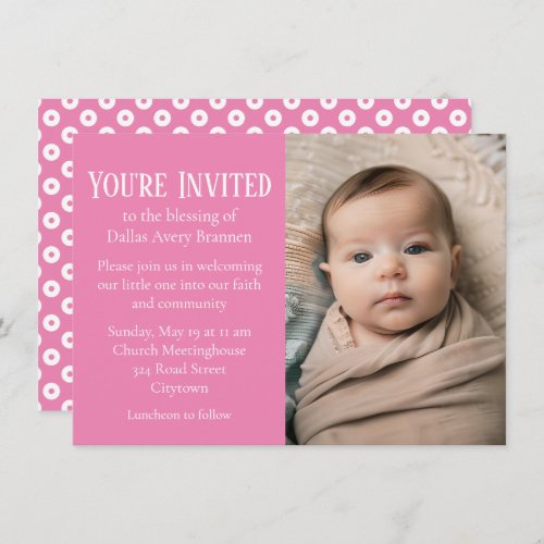 Pink and White Polka_dot Photo Baby Blessing Invitation