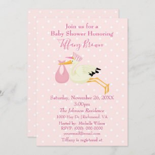 Pink and White Polka Dot Stork Baby Shower Invitation