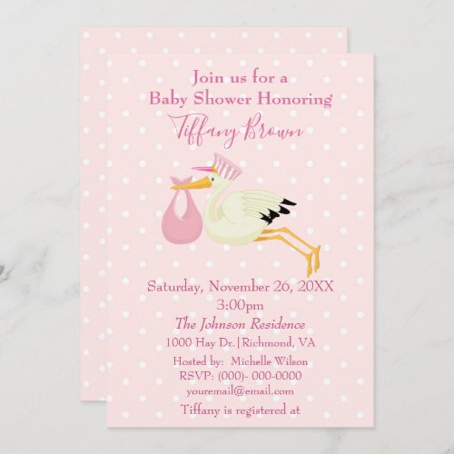 Pink and White Polka Dot Stork Baby Shower Invitation