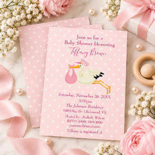 Pink and White Polka Dot Stork Baby Shower Invitation