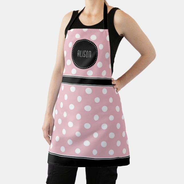 Pink and white polka dot with black monogram apron (Insitu)