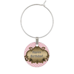 Pink and White Polka Dot with Etched Gold Frame Wine Glass Charm