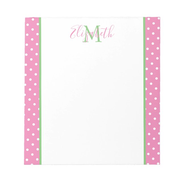 Pink and White Polka Dot With Green Monogram Notepad (Front)