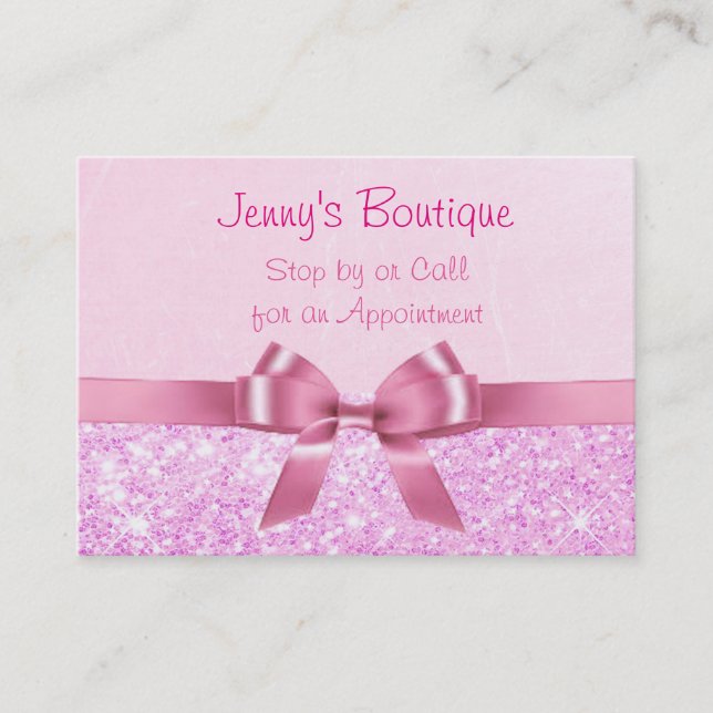 Pink and White Polka Dot with Pink Bow & Glitter Business Card (Front)