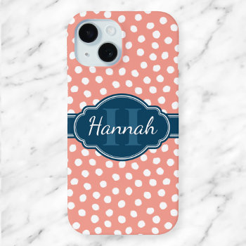 Pink And White Polka Dots Blue Monogram Iphone 15 Case by DoodlesGiftShop at Zazzle