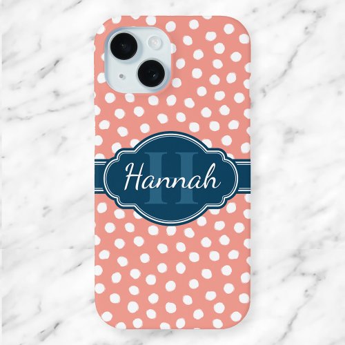 Pink and White Polka Dots Blue Monogram iPhone 15 Case