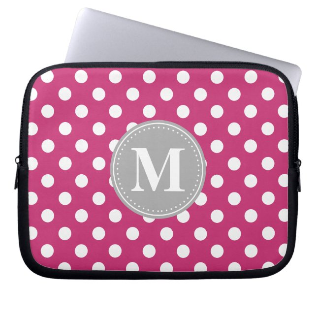 Pink and White Polka Dots Grey Monogram Laptop Sleeve (Front)