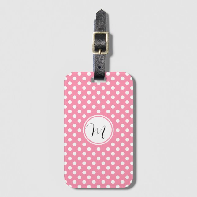 Pink and White Polka Dots Luggage Tag (Front Vertical)
