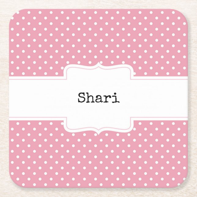 Pink and White Polka Dots Personalized  Square Paper Coaster (Front)