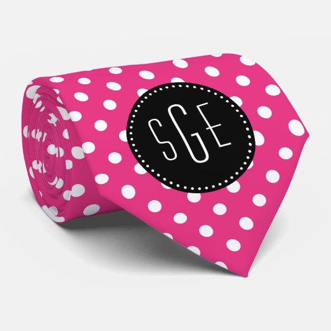 Pink and white polka dots with black monogram neck tie (Rolled)