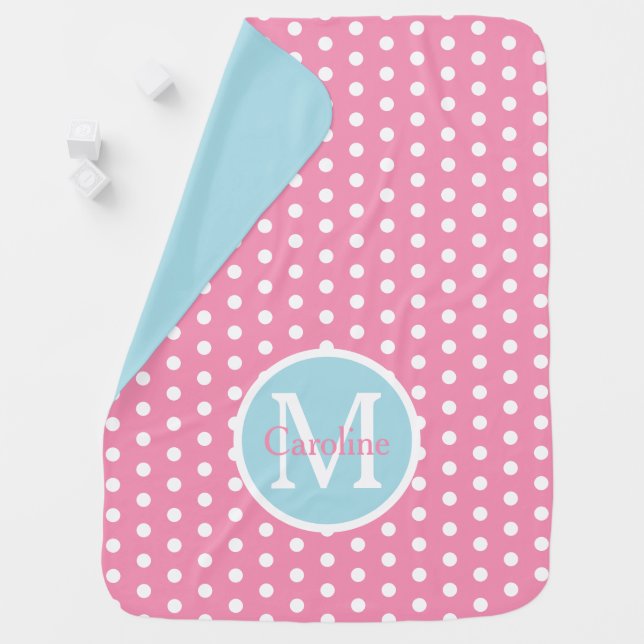 Pink and White Polka Dots With Blue Monogram Baby Blanket (In Situ)