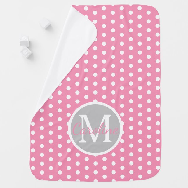 Pink and White Polka Dots With Grey Monogram Baby Blanket (In Situ)