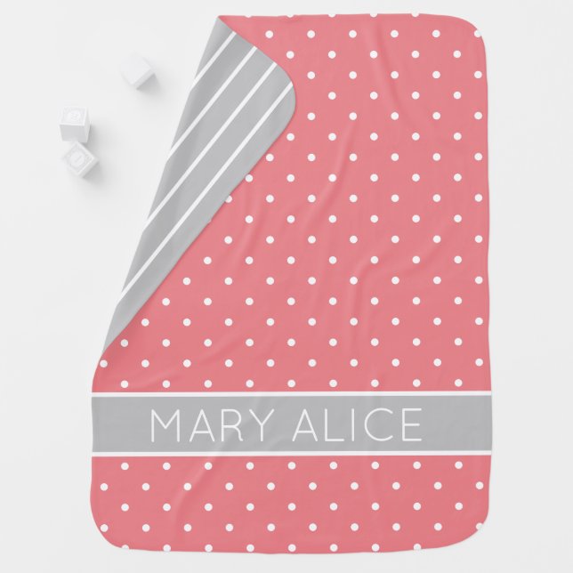Pink and White Polka Dots With Grey Personalized Baby Blanket (In Situ)