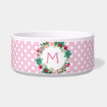 Pink and White Polka Dots with Monogram Pet Bowl<br><div class="desc">White ceramic dog food / water bowl done in pink with white polka dots.  A pretty round floral wreath has a blue one letter monogram ready to personalize,  for your pet or as a great gift idea for any pet owner.</div>