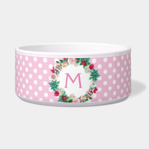 Pink and White Polka Dots with Monogram Pet Bowl