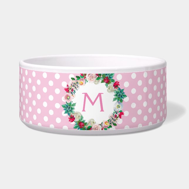Pink and White Polka Dots with Monogram Pet Bowl (Front)