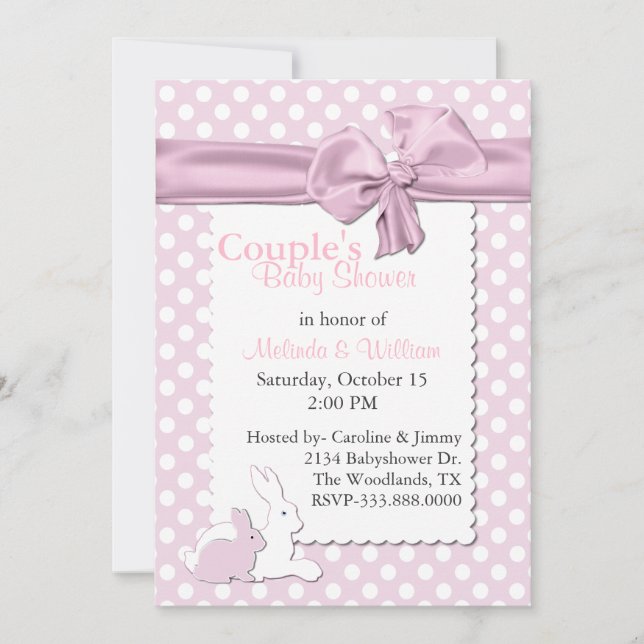 Pink and White Polka Dots With Rabbits Baby Shower Invitation (Front)