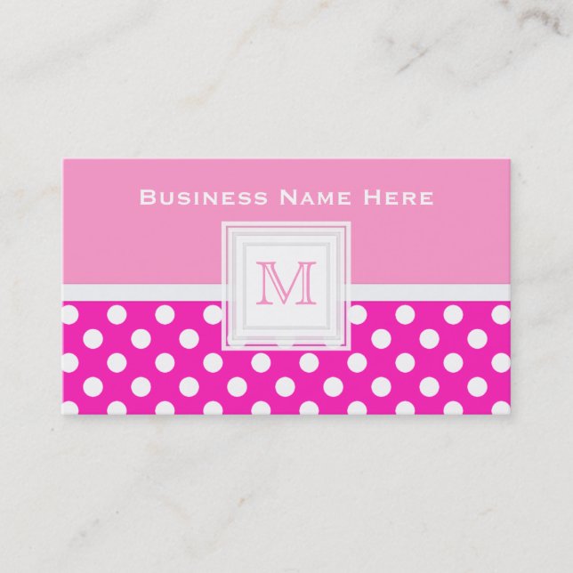 Pink And White Polkadot: Monogram Business Card (Front)