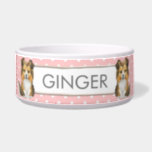 Pink and White Polkadots | Sheltie Personalized  B Bowl<br><div class="desc">This pet bowl has a background of pink and white polkadots. There is a banner with a sheltie on either side and a place for you to personalize with your pet's name. The perfect compliment to your Parisian or shabby chic decor.</div>