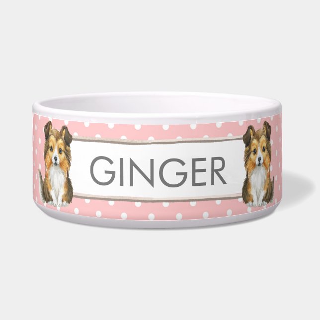 Pink and White Polkadots | Sheltie Personalized  Bowl (Front)