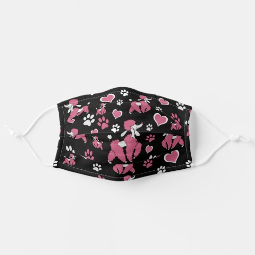 Pink and White Poodle Pattern on Black Background Adult Cloth Face Mask