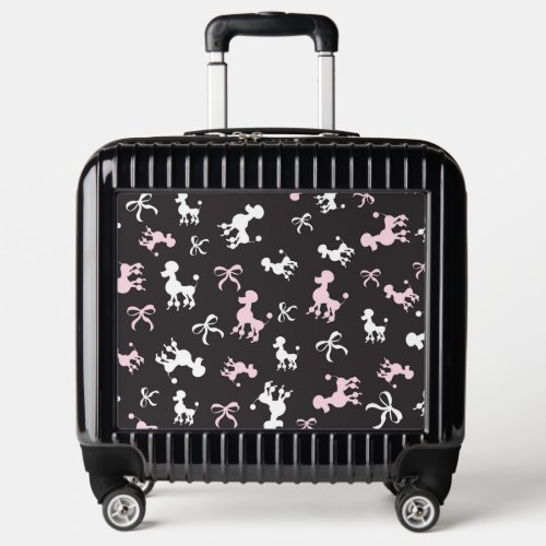 Pink and white poodles black background luggage