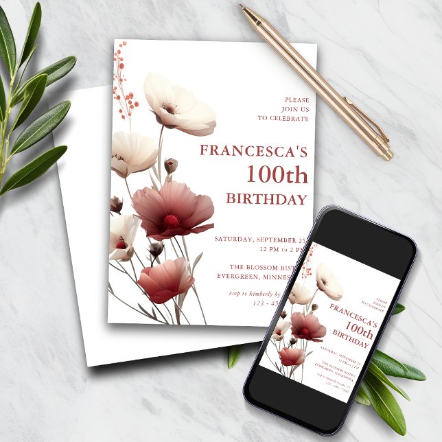 Pink and White Poppy 100th Birthday  Invitation (Creator Uploaded)