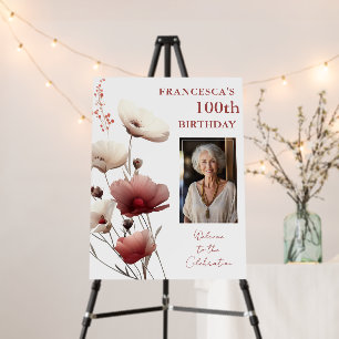 Pink and White Poppy 100th Birthday Welcome Foam Board