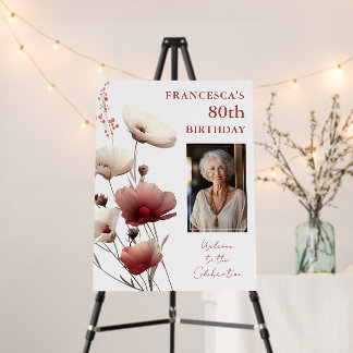 Pink and White Poppy 80th Birthday Welcome Foam Board