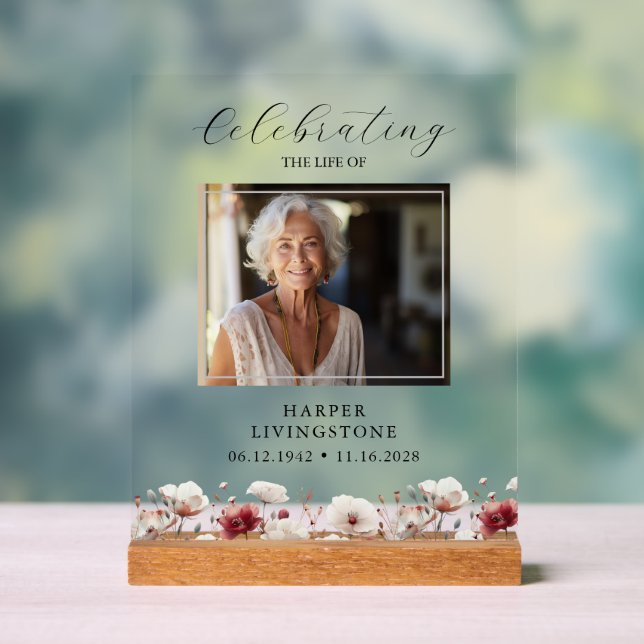 Pink and White Poppy Photo Memorial 8x10 Acrylic Sign (Neutral)