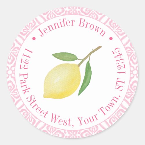 Pink And White Positano Lemon Return Address  Classic Round Sticker