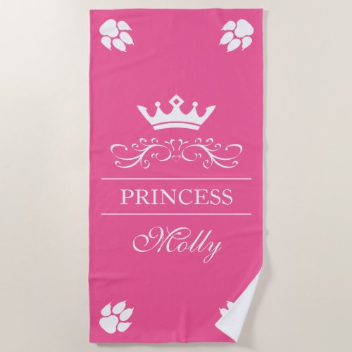 Pink And White Princess Crown  Dog Paws With Name Beach Towel